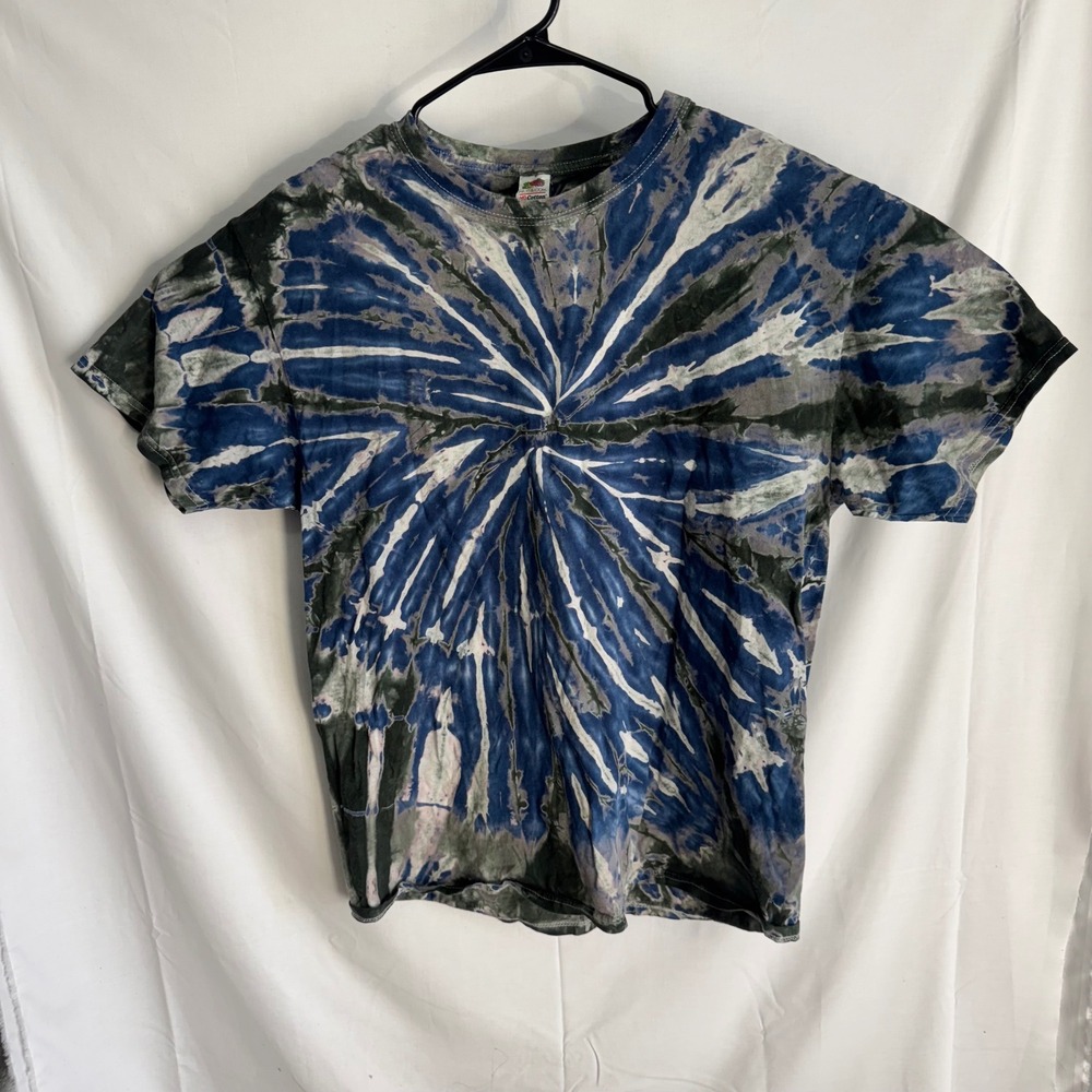 Fruit of the Loom T-Shirt Mens Large Blue Tie Dye‎ Spiral HD Cotton Short Sleeve